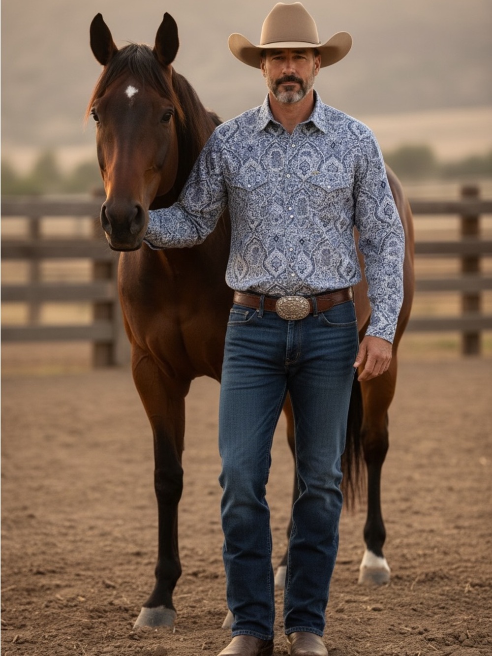 Classic Paisley Long-Sleeve Button-Pearl Snap- Blue Paisley